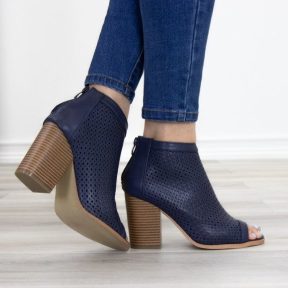 Navy Perforated Heeled Open Toe Ankle Boots - Picture 9 of 10